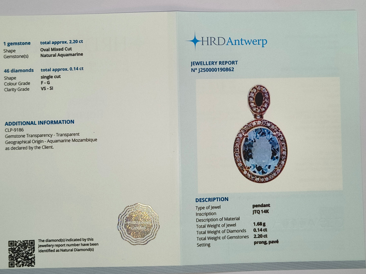 2.34 Ct Oval Mixed Cut Natural Aquamarine 14K Gold Pendant