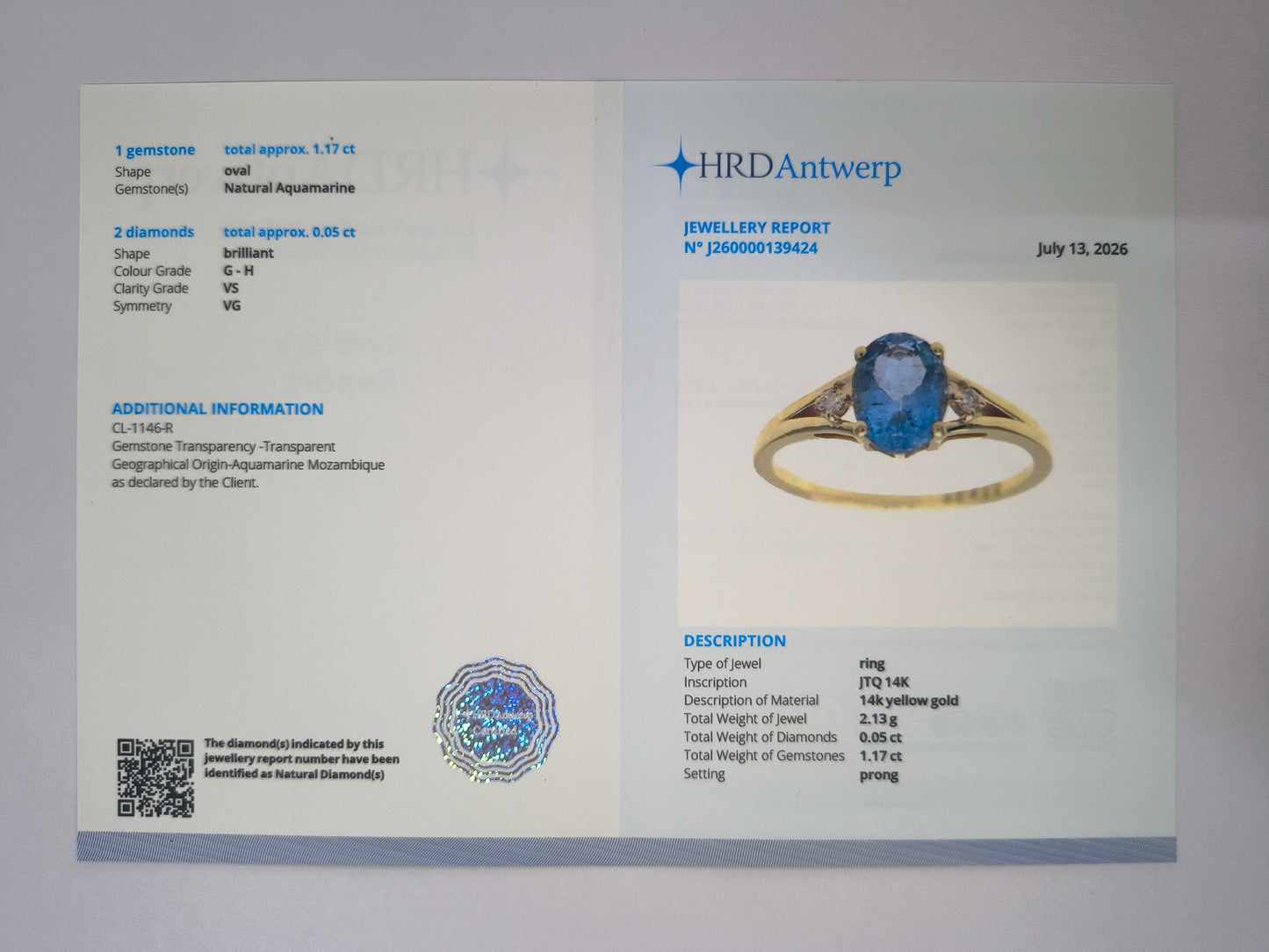 1.22 Ct Oval Natural Aquamarine 14K Gold Ring