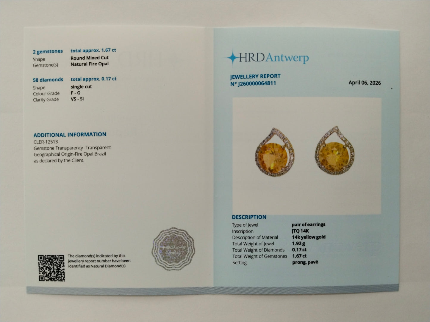 1.84 Ct Round Mixed Cut Natural Fire Opal 14K Gold Earrings