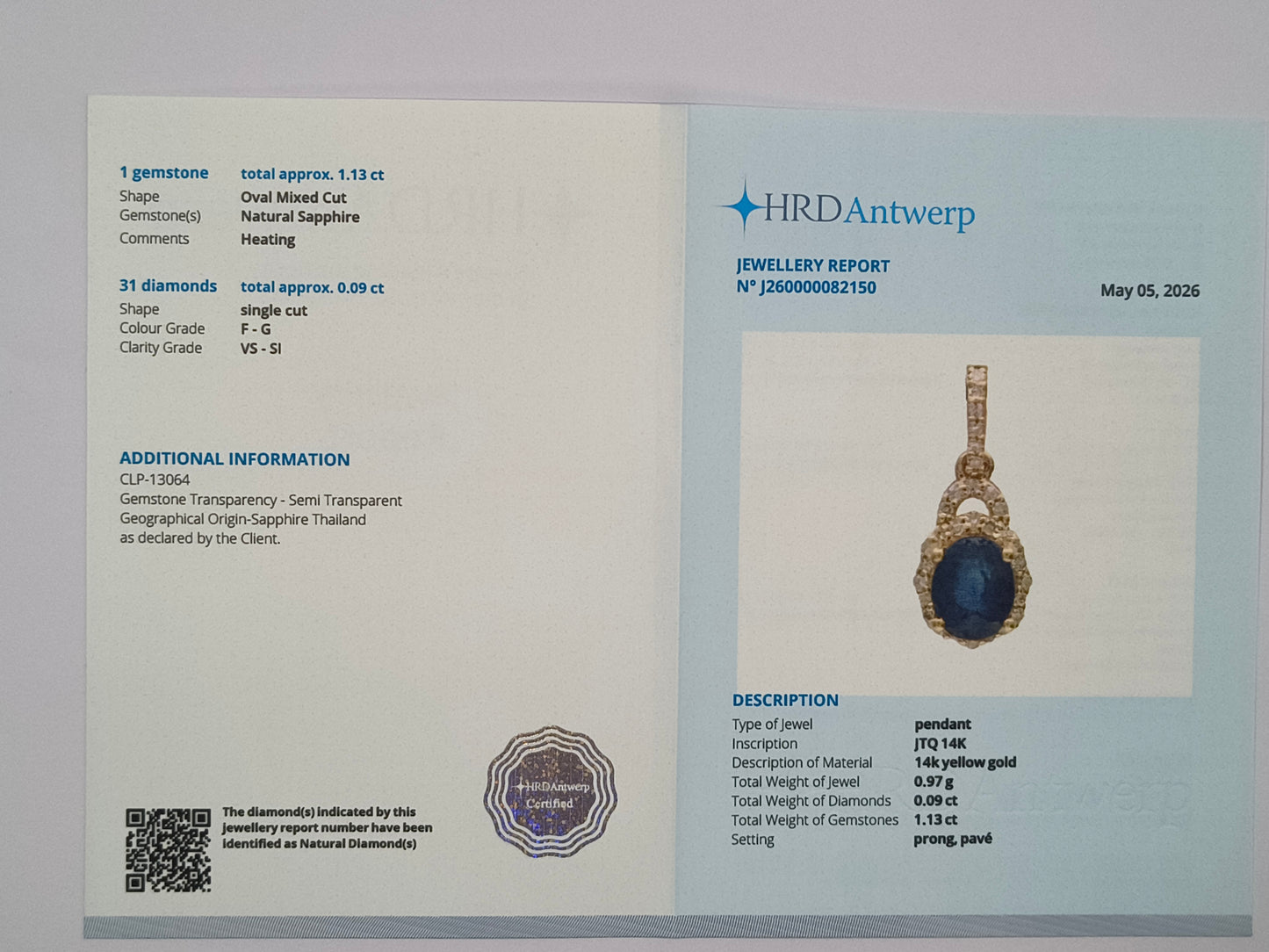 1.23 Ct Oval Mixed Cut Natural Sapphire 14K Gold Pendant