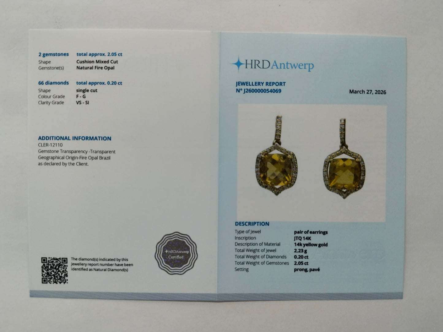 2.25 Ct Cushion Mixed Cut Natural Fire Opal 14K Gold Earrings
