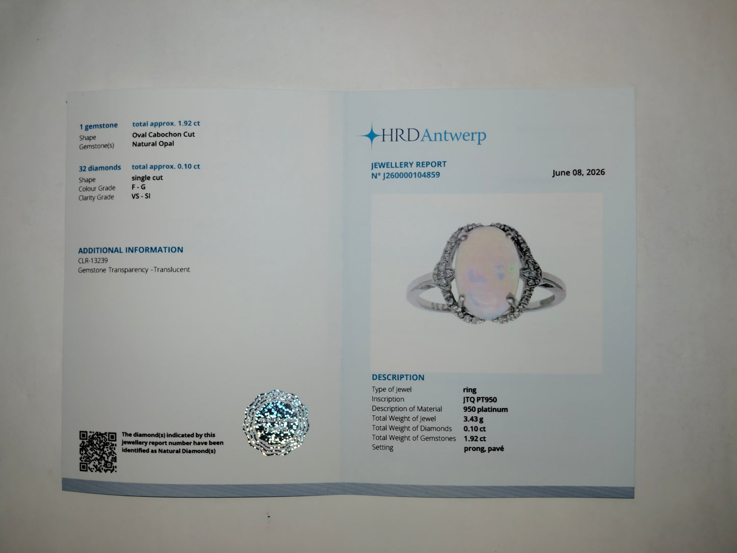 2.02 Ct Oval Cabochon Cut Natural Opal 950 Platinum Ring