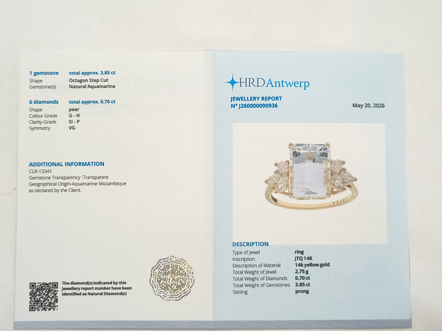 4.55 Ct Octagon Aquamarine 14K Gold Ring