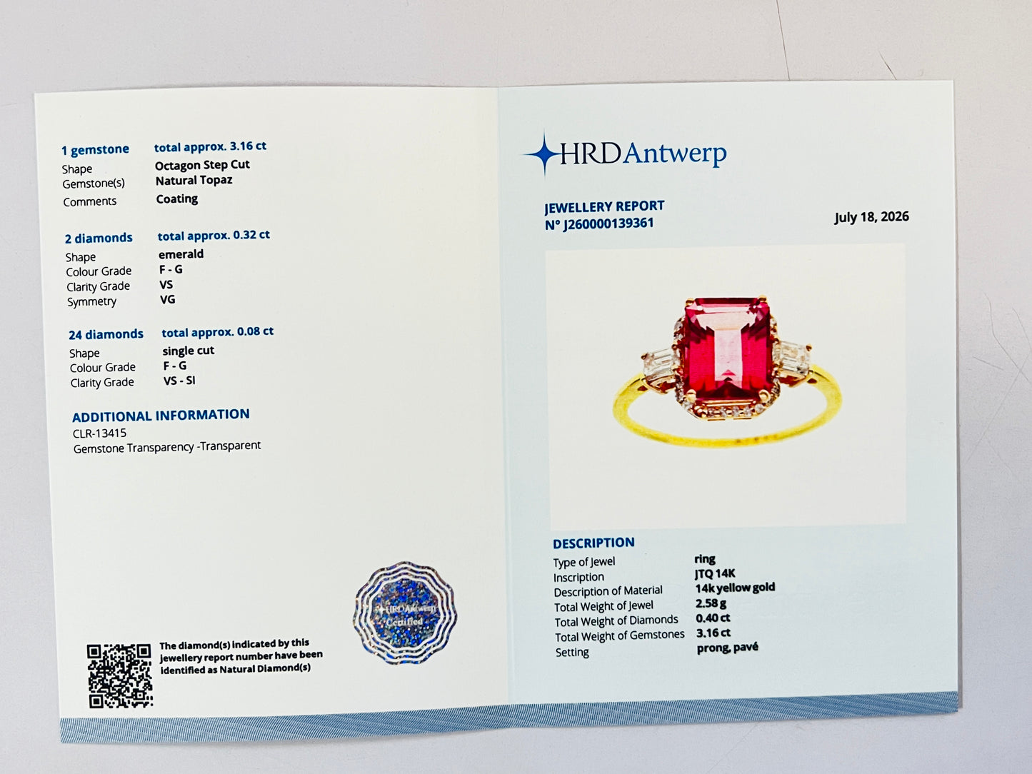 3.56 Ct Octagon Step Cut Natural Pink Topaz 14K Gold Ring
