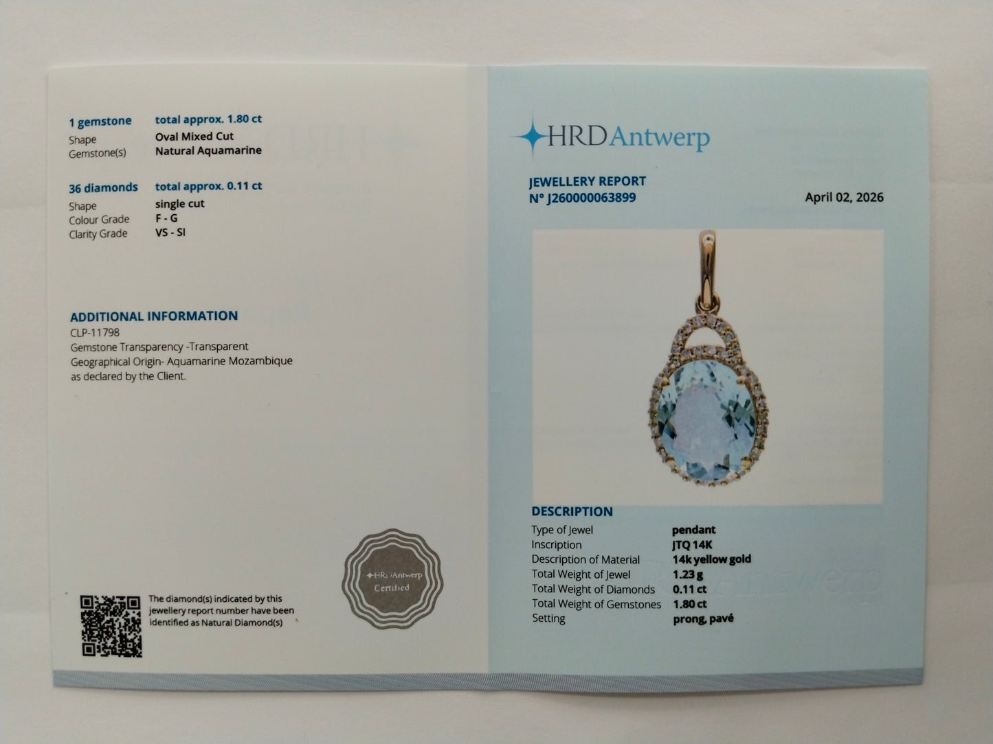 1.91 Ct Oval Mixed Cut Natural Aquamarine 14K Gold Pendant