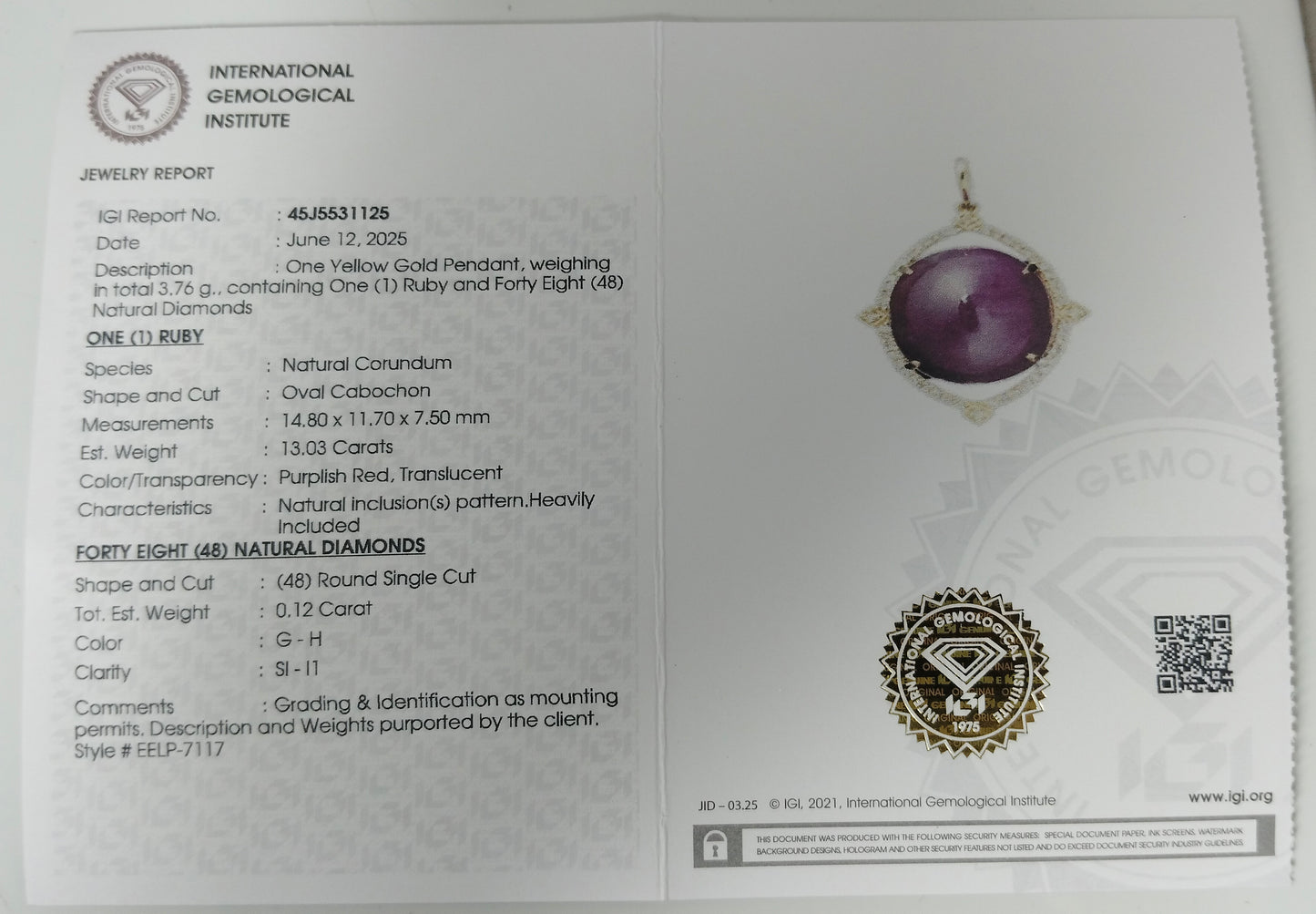 13.15 Ct Oval Cabochon Natural Corundum Ruby 14K Gold Pendant