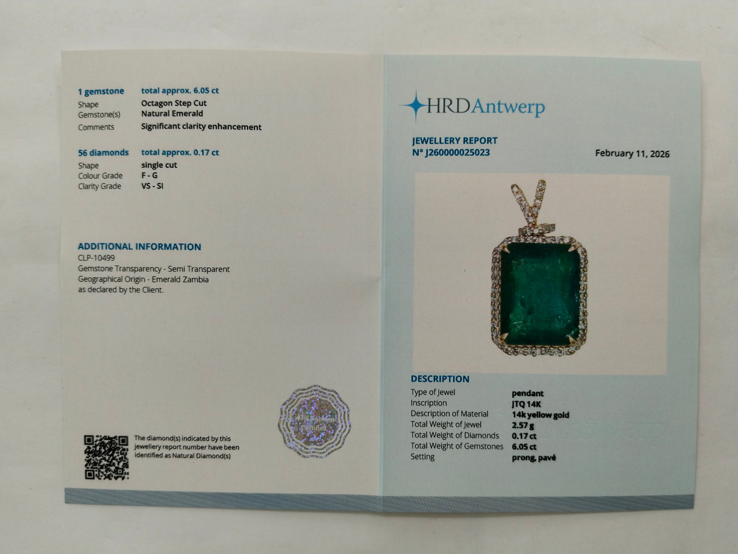 6.22 Ct Octagon Step Cut Natural Emerald 14K Gold Pendant