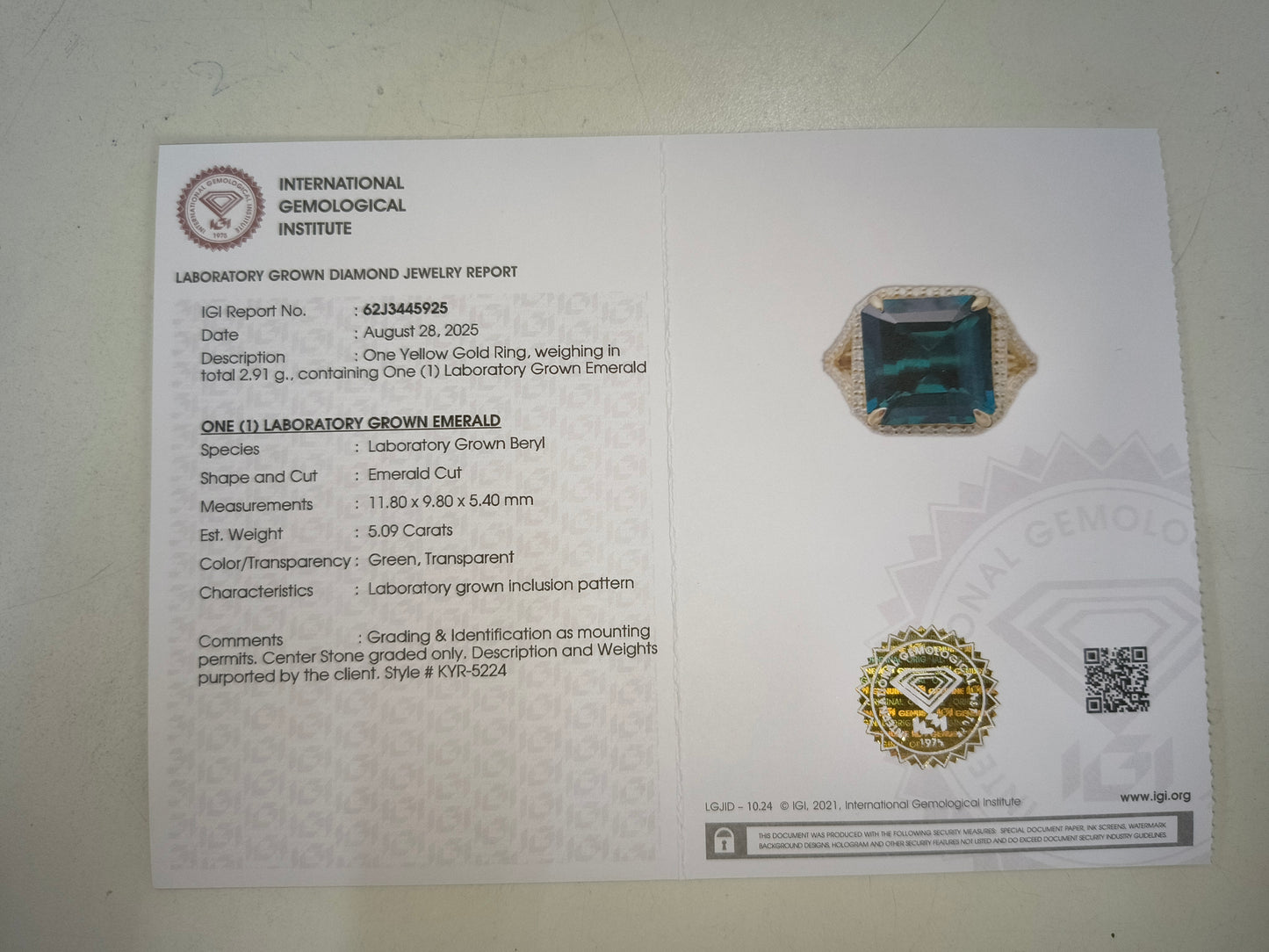 5.32 Ct Emerald Cut Lab Grown Emerald 14K Gold Ring