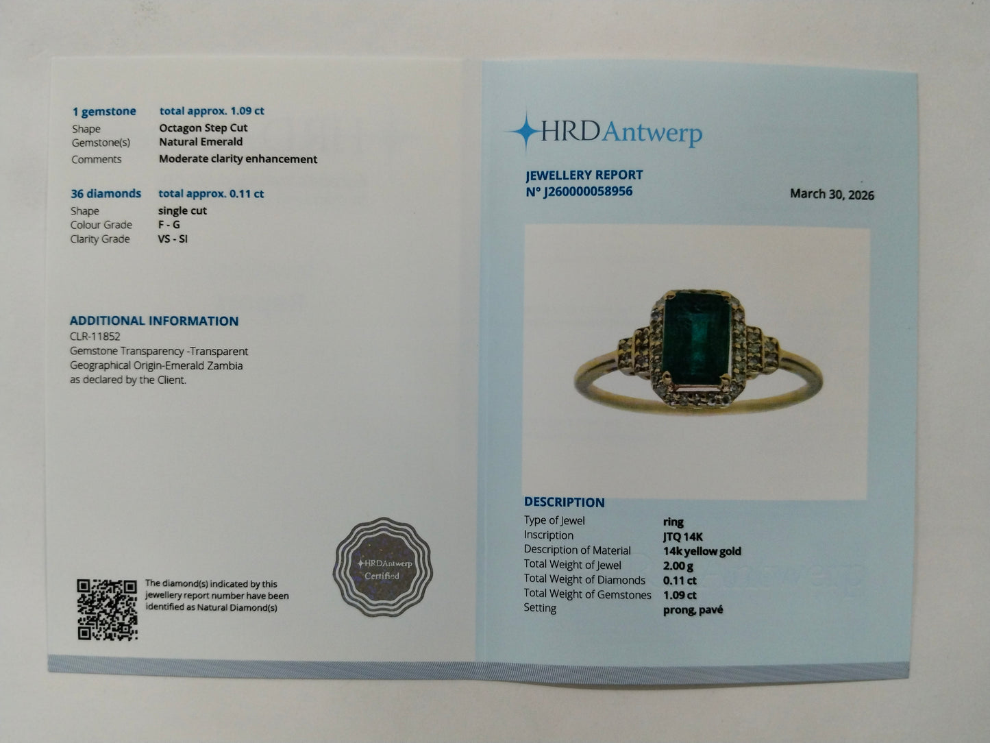 1.20 Ct Octagon Step Cut Natural Emerald 14K Gold Ring