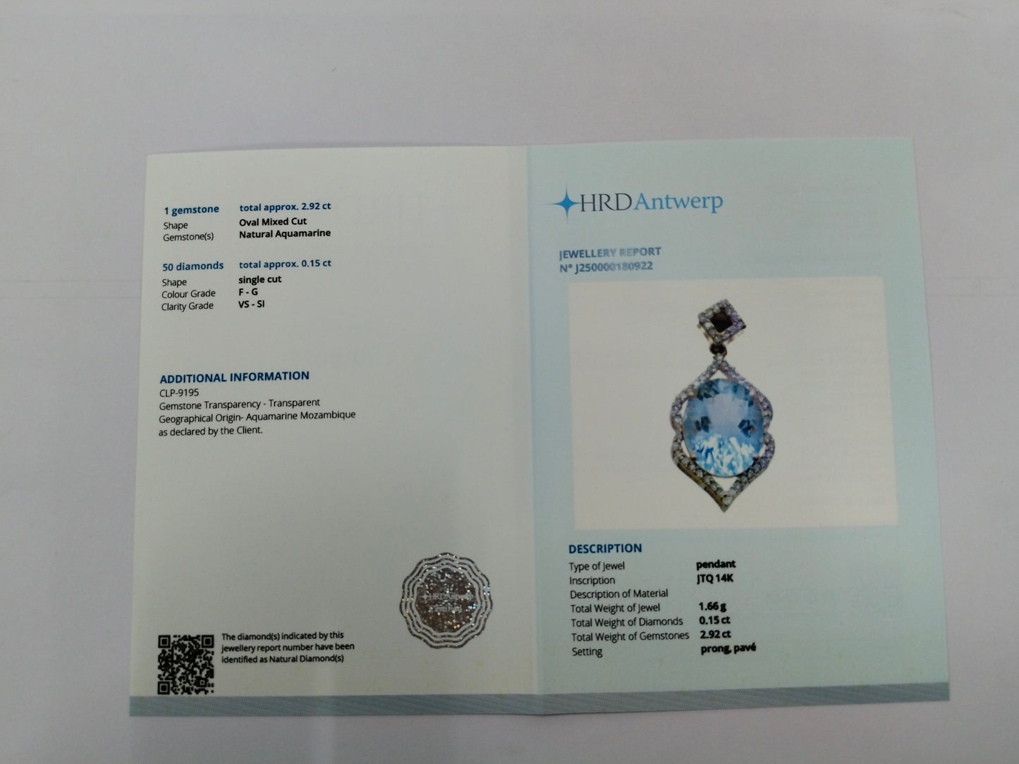 3.07 Ct Oval Mixed Cut Natural Aquamarine 14K Gold Pendant