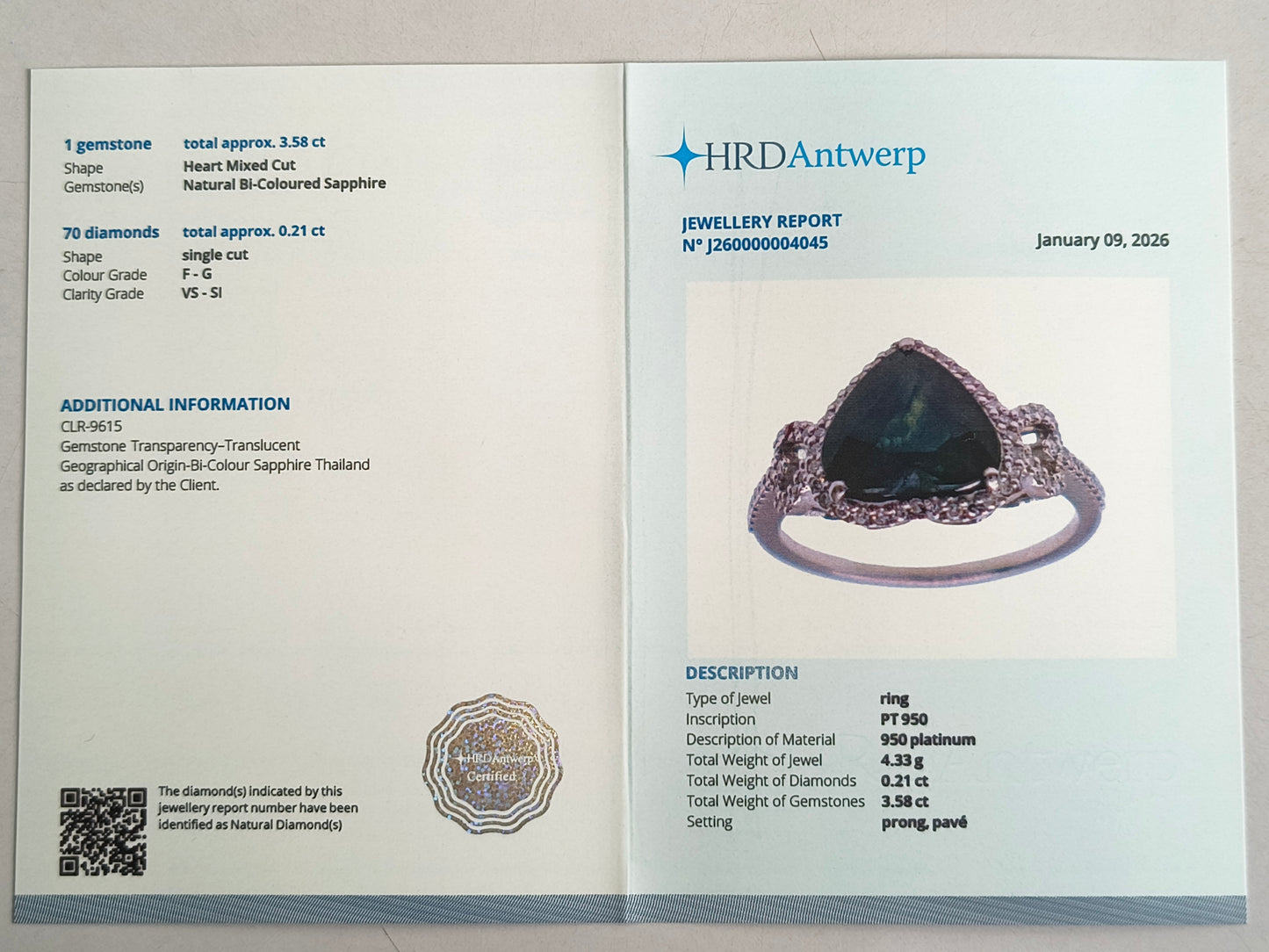 3.79 Ct Heart Mixed Cut Natural Bi-Coloured Sapphire 950 Platinum Ring