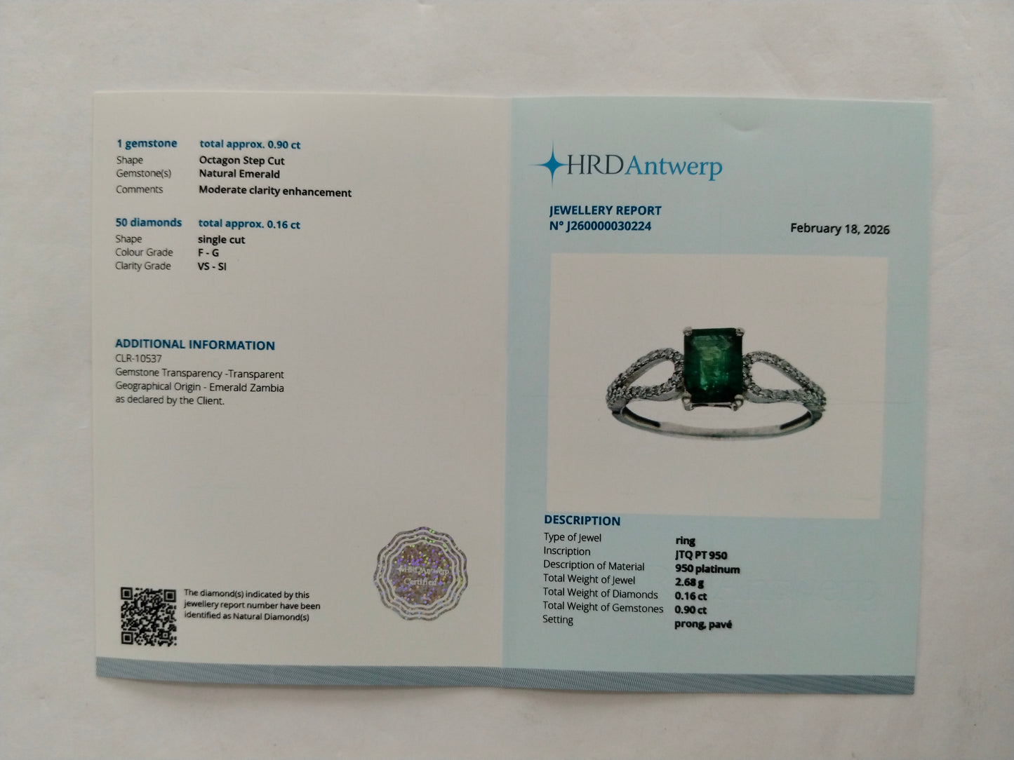 1.06 Ct Octagon Step Cut Natural Emerald 950 Platinum Ring