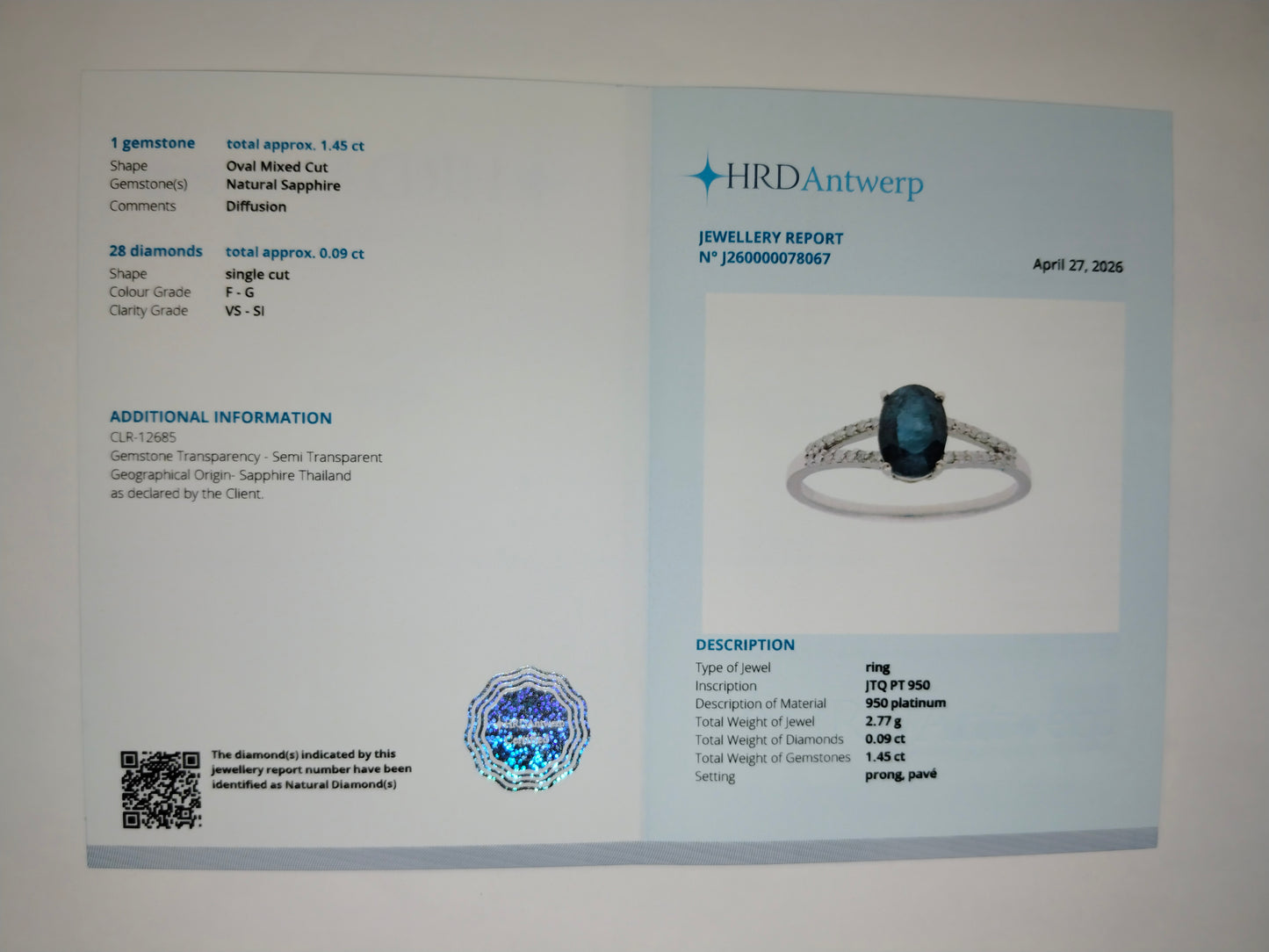 1.54 Ct Oval Mixed Cut Natural Sapphire 950 Platinum Ring