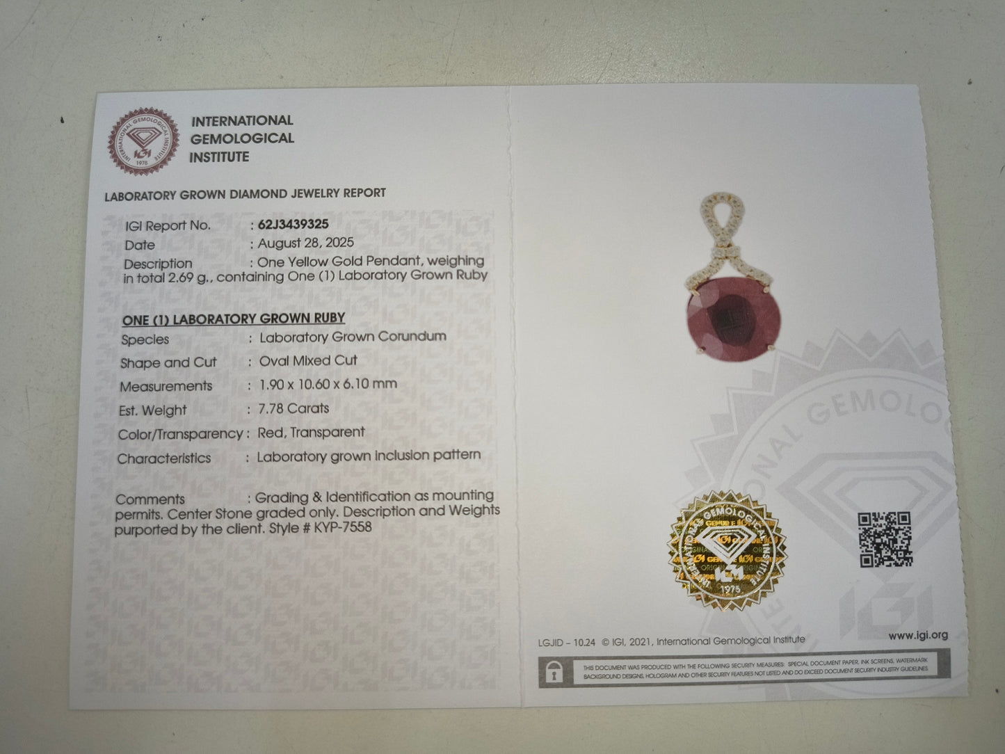 7.98 Ct Oval Mixed Cut Lab Grown Ruby 14K Gold Pendant