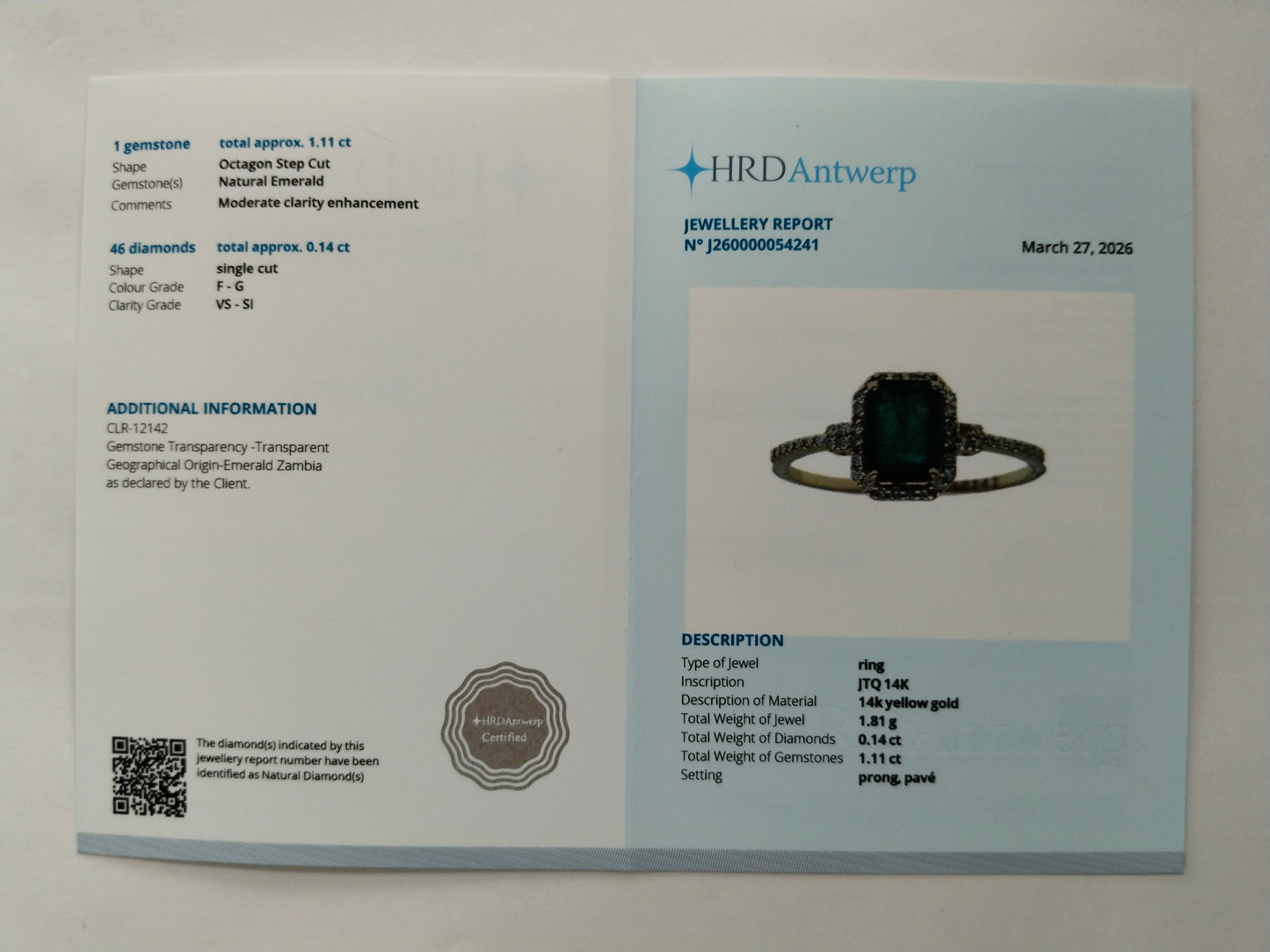 1.25 Ct Octagon Step Cut Natural Emerald 14K Gold Ring