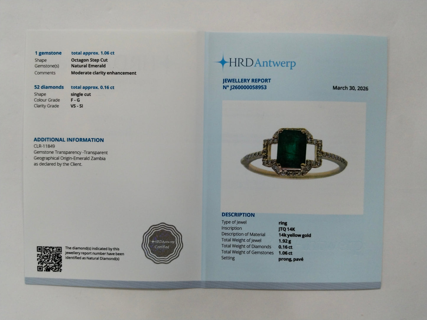 1.22 Ct Octagon Step Cut Natural Emerald 14K Gold Ring