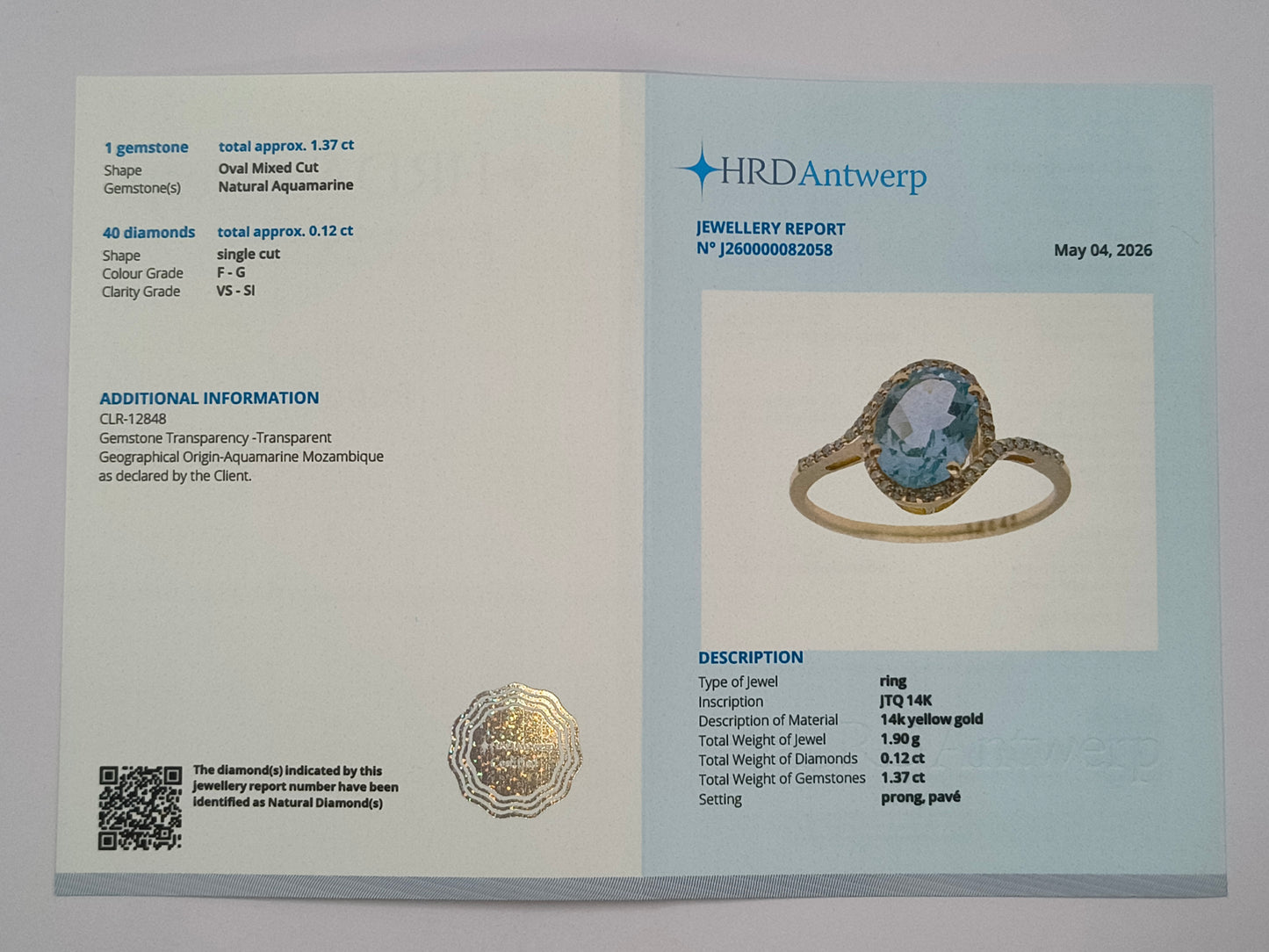 1.49 Ct Oval Mixed Cut Natural Aquamarine 14K Gold Ring