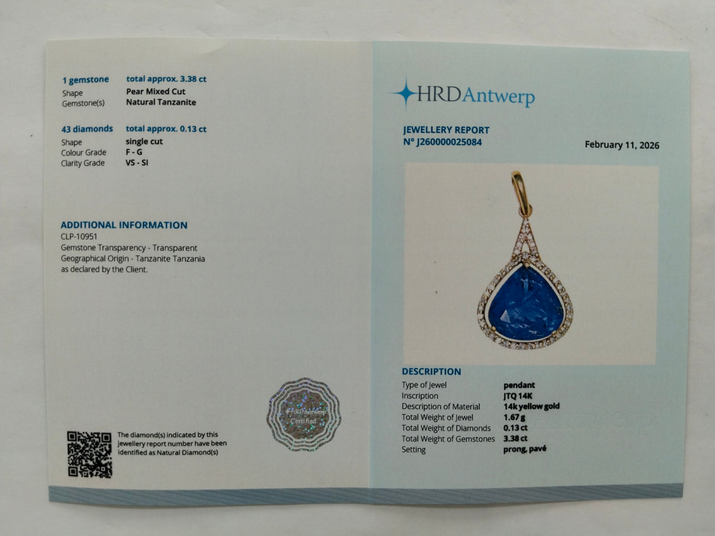 3.51 Ct Pear Mixed Cut Natural Tanzanite 14K Gold Pendant