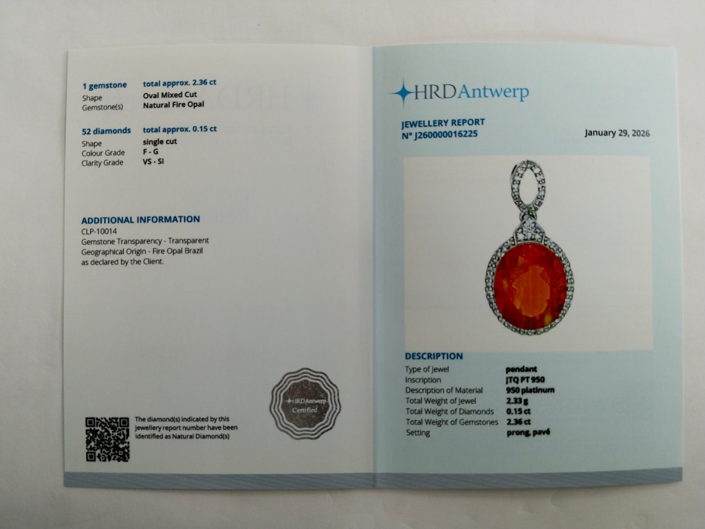 2.51 Ct Oval Mixed Cut Natural Fire Opal 950 Platinum Pendant