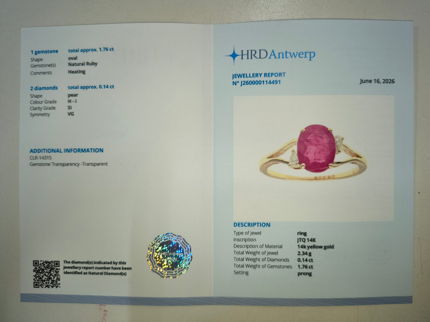 1.90 Ct Oval Natural Ruby 14K Gold Ring
