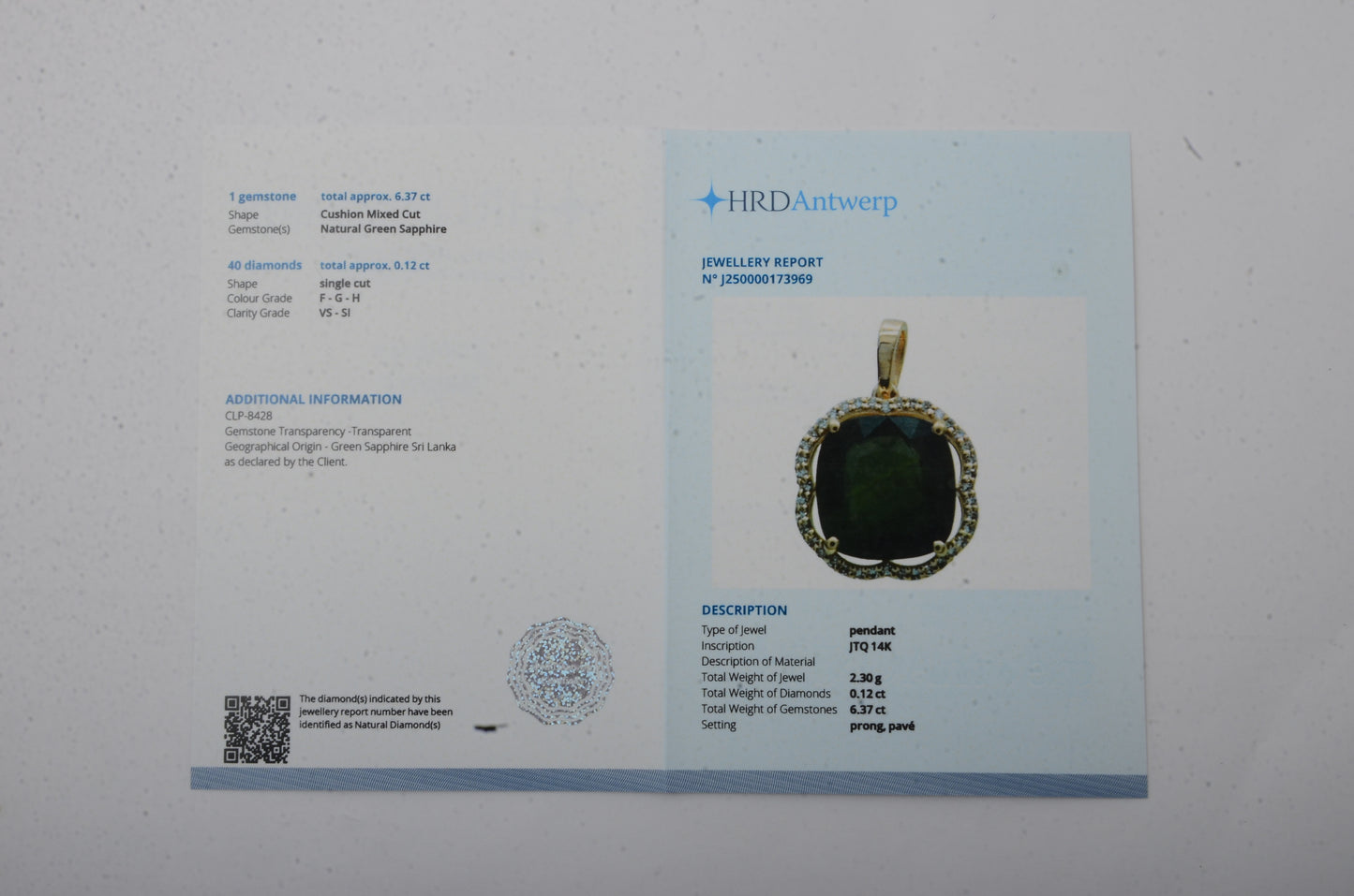 6.49 Ct Cushion Mixed Cut Natural Green Sapphire 14K Gold Pendant