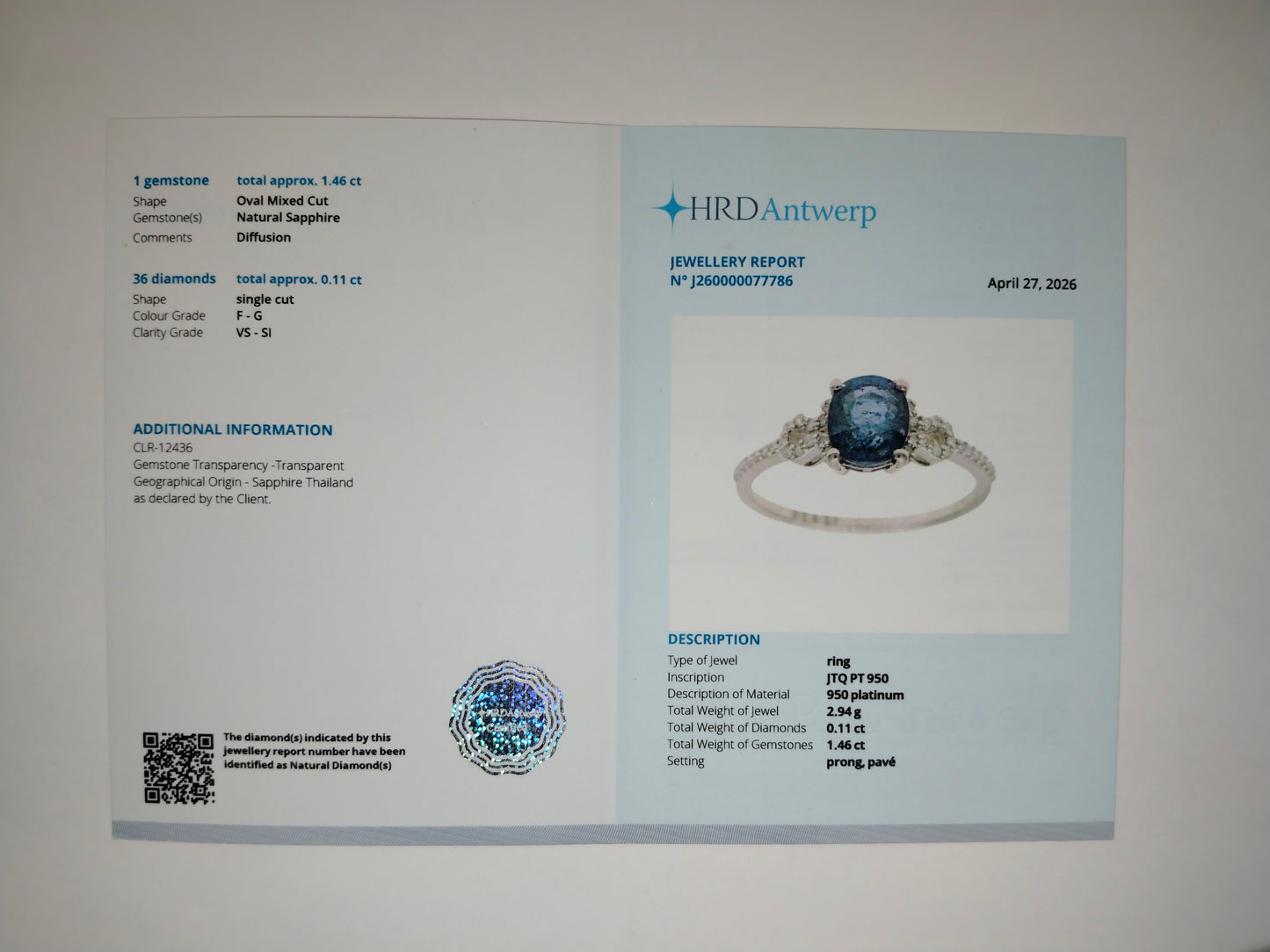 1.57 Ct Oval Mixed Cut Natural Sapphire 950 Platinum Ring