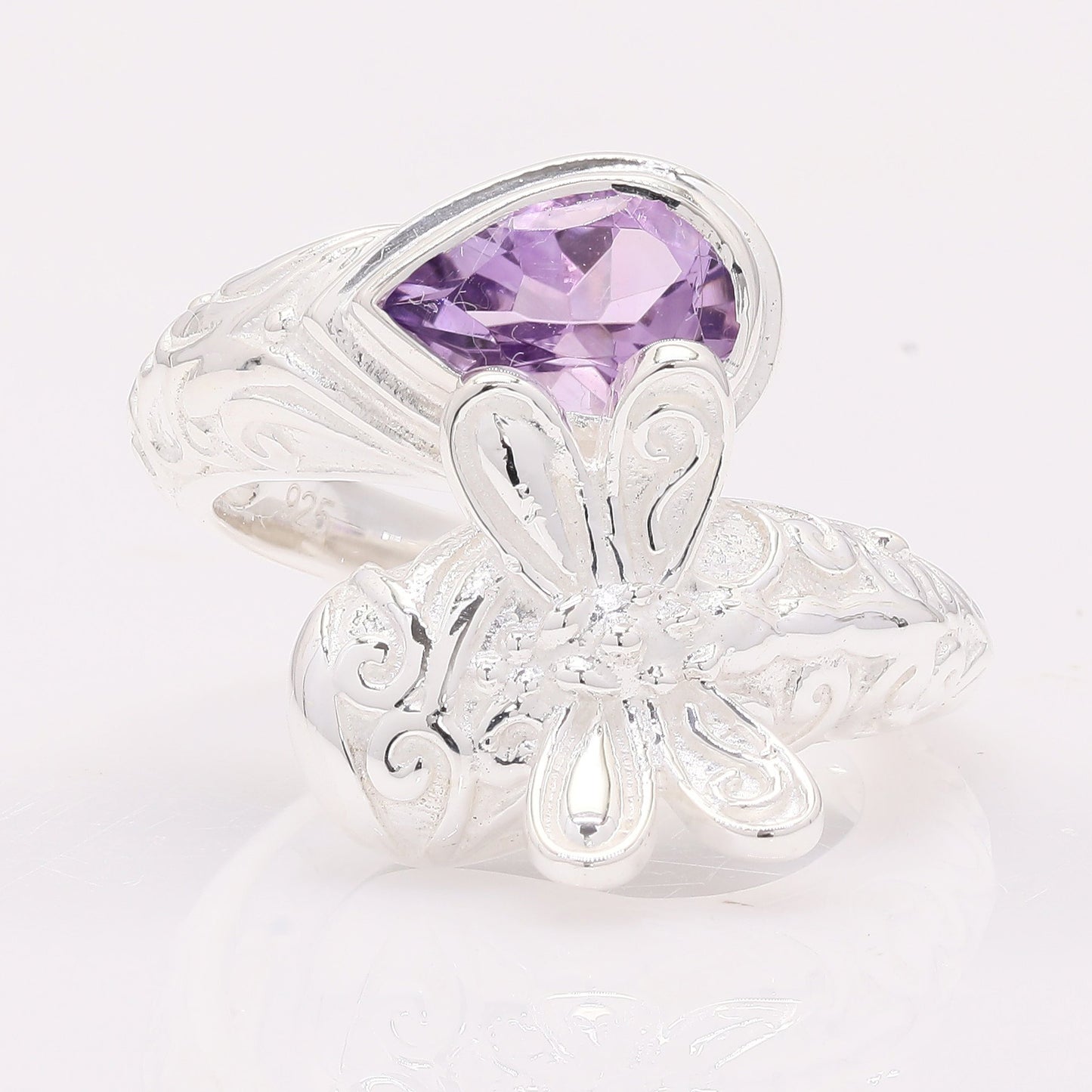 1.19 Ct Pear Amethyst 925 Silver Ring