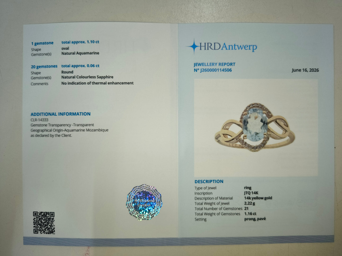1.16 Ct Oval Natural Aquamarine 14K Gold Ring