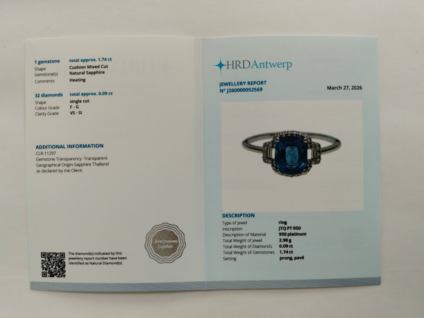 1.83 Ct Cushion Mixed Cut Natural Sapphire 950 Platinum Ring