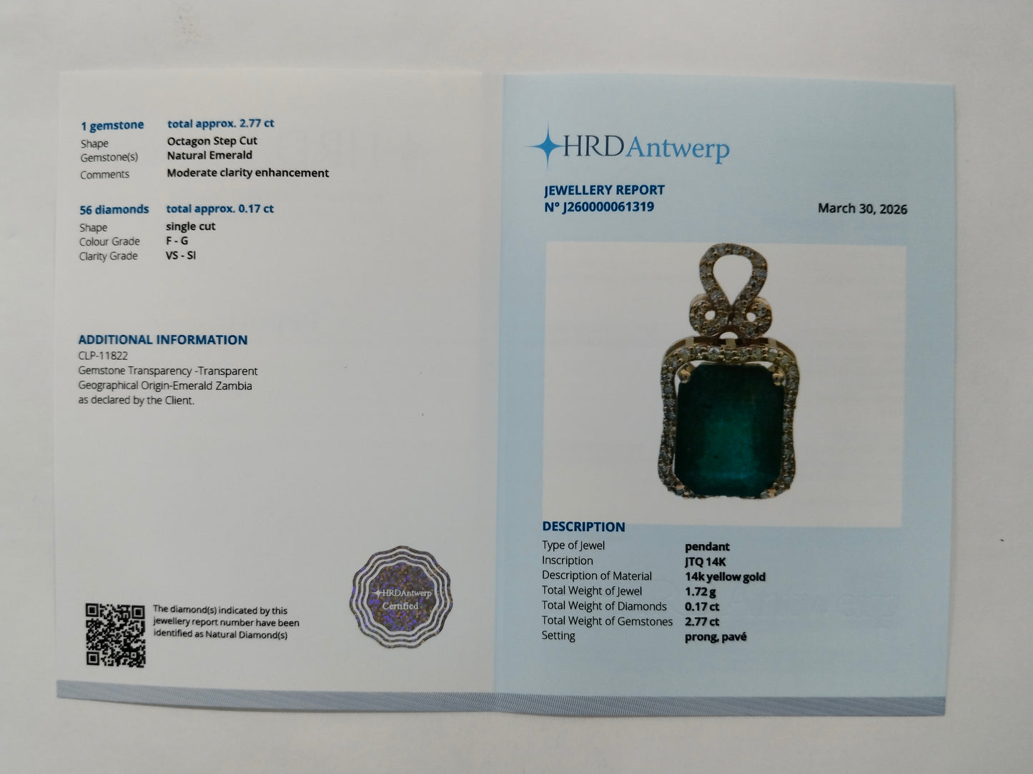 2.94 Ct Octagon Step Cut Natural Emerald 14K Gold Pendant