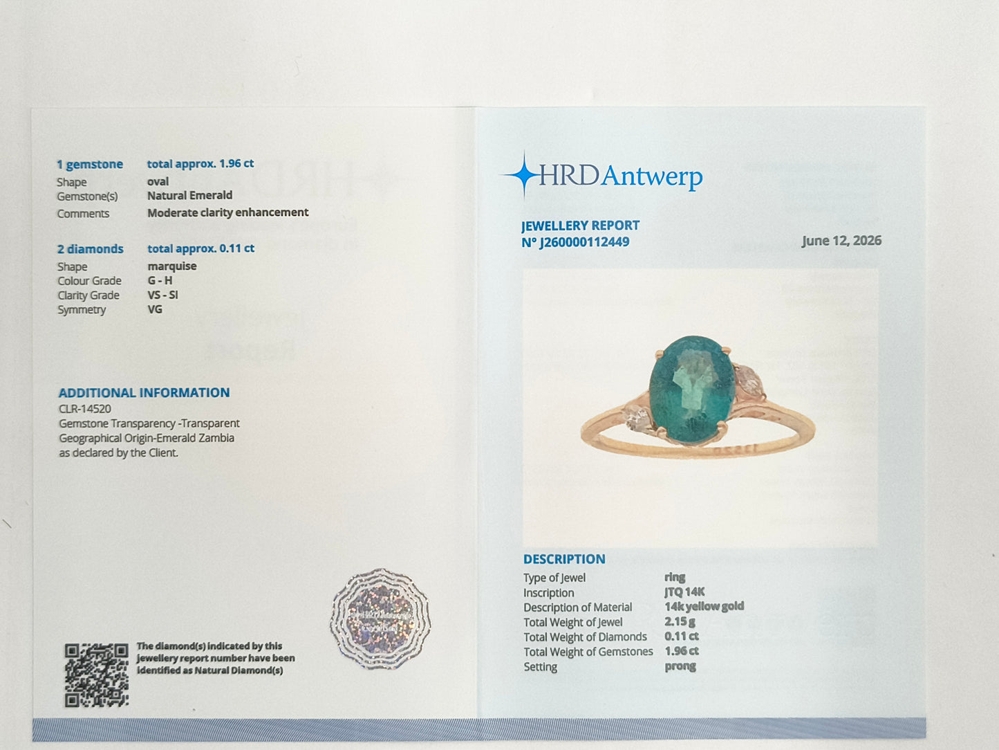 2.07 Ct Oval Natural Emerald 14K Gold Ring