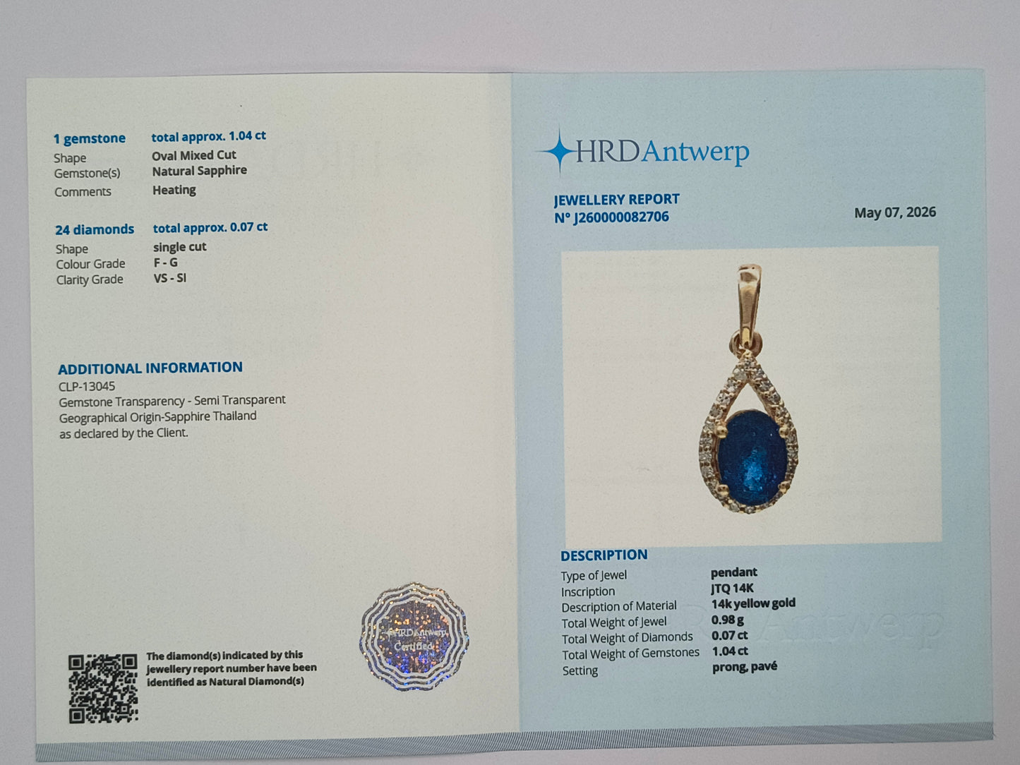 1.11 Ct Oval Mixed Cut Natural Sapphire 14K Gold Pendant