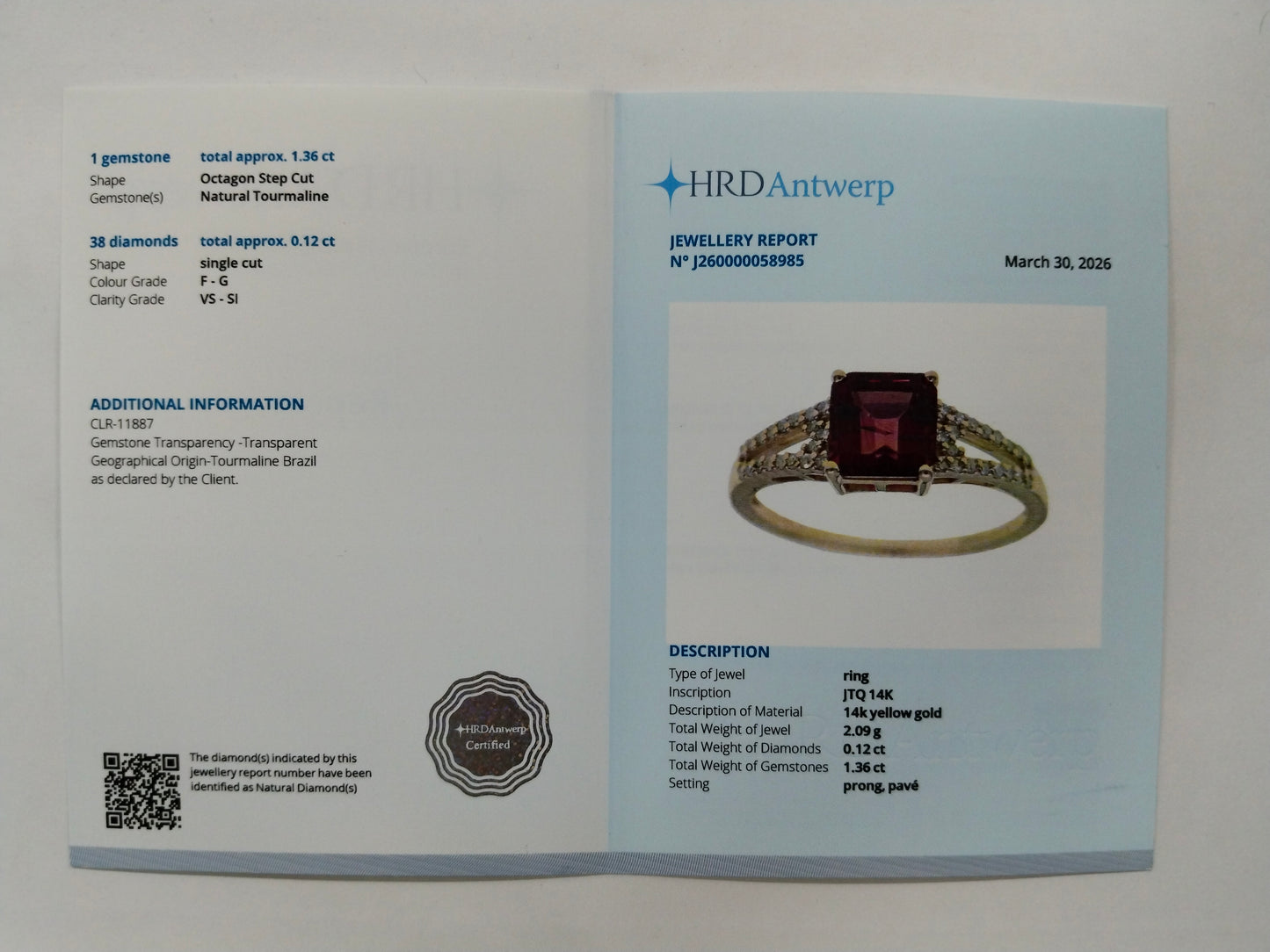 1.48 Ct Octagon Step Cut Natural Tourmaline 14K Gold Ring