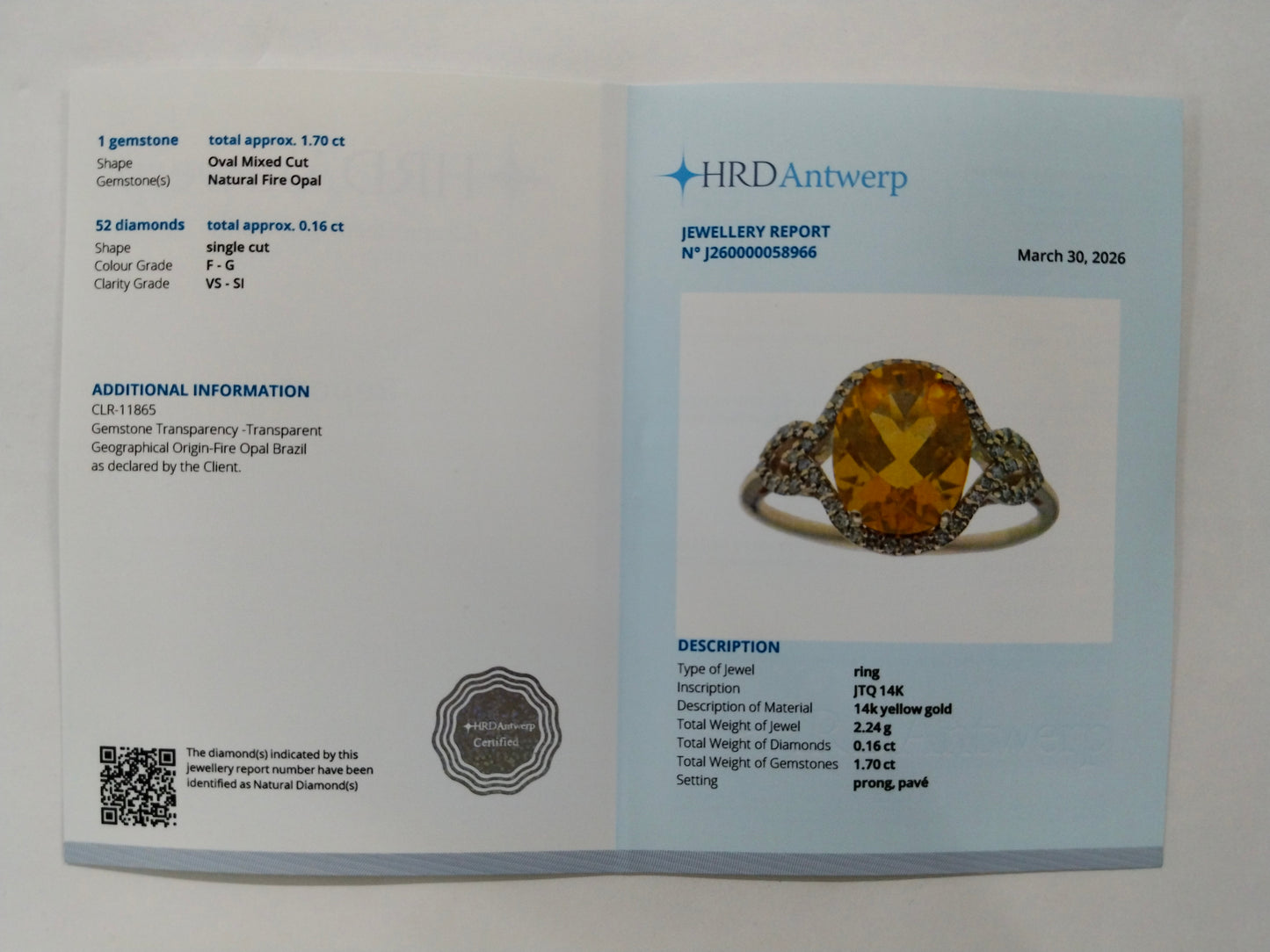 1.86 Ct Oval Mixed Cut Natural Fire Opal 14K Gold Ring