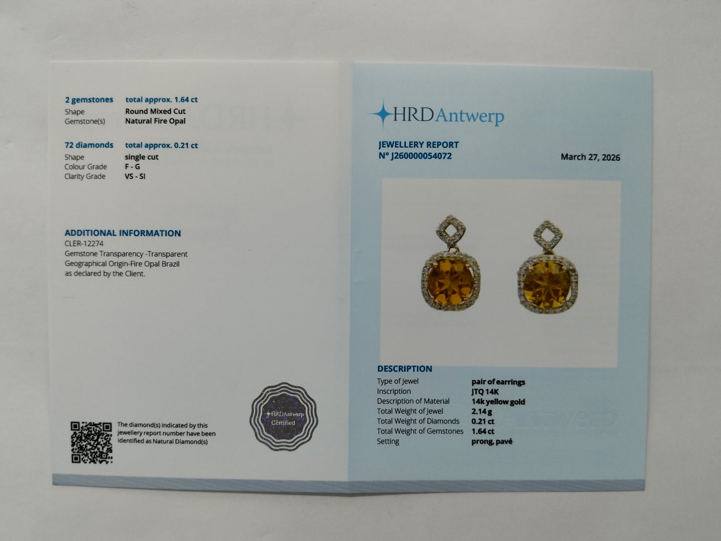 1.85 Ct Round Mixed Cut Natural Fire Opal 14K Gold Earrings