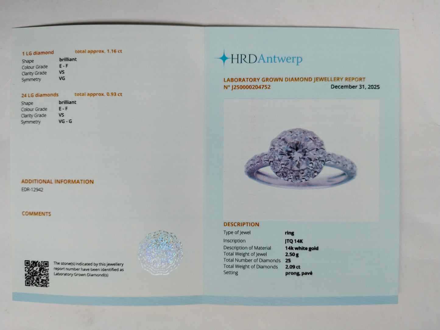 2.09 Carats Lab Grown Diamond 14K Gold Ring