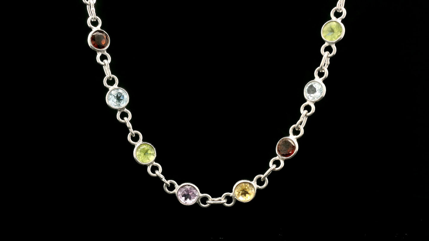 11.45 Ct Round Garnet, Peridot, Blue Topaz, Citrine, Amethyst 925 Sterling Silver Necklace