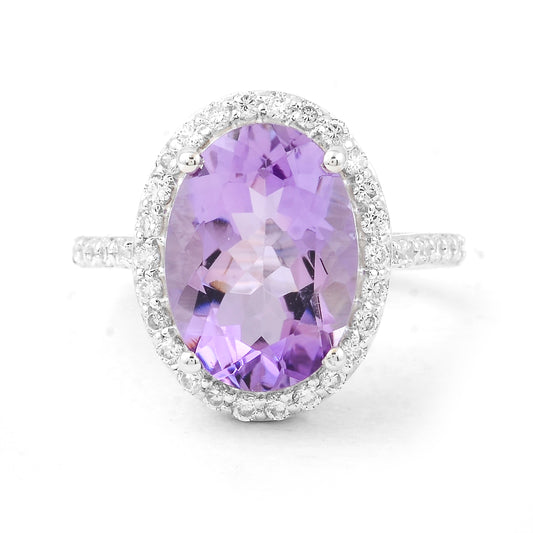 6.34 Ct Oval Amethyst, Cubic Zirconia, 925 Sterling Silver Ring