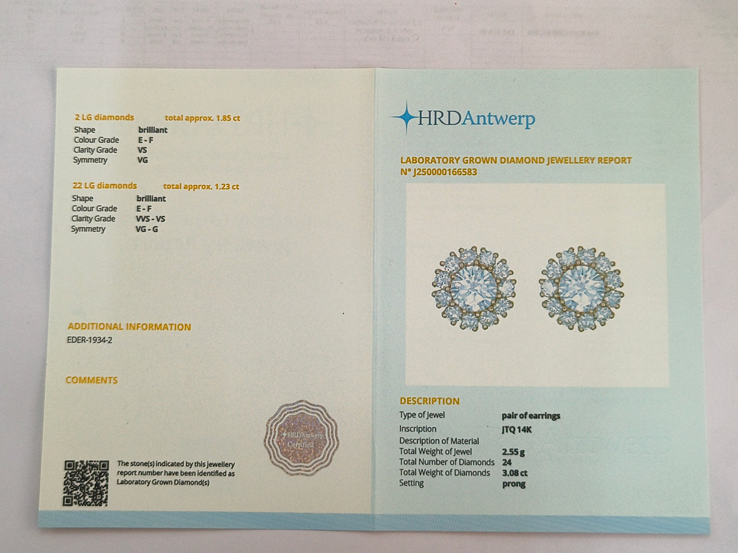 3.08 Carats Lab Grown Diamond 14K Gold Earrings