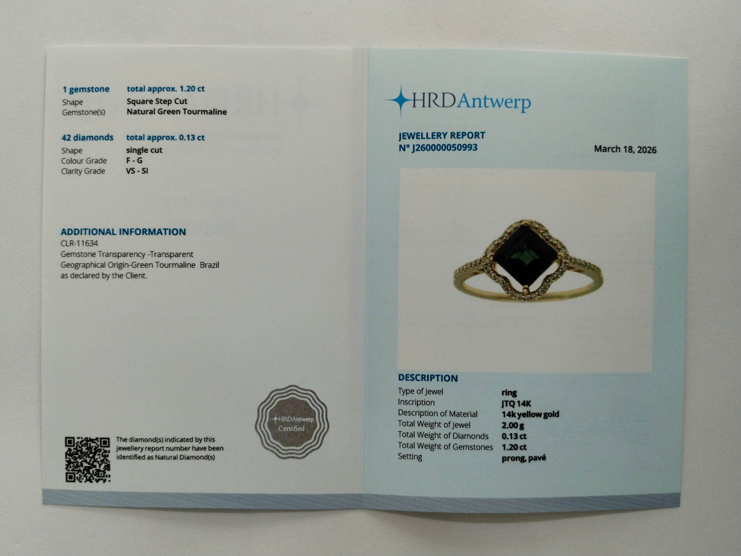 1.33 Ct Square Step Cut Natural Green Tourmaline 14K Gold Ring