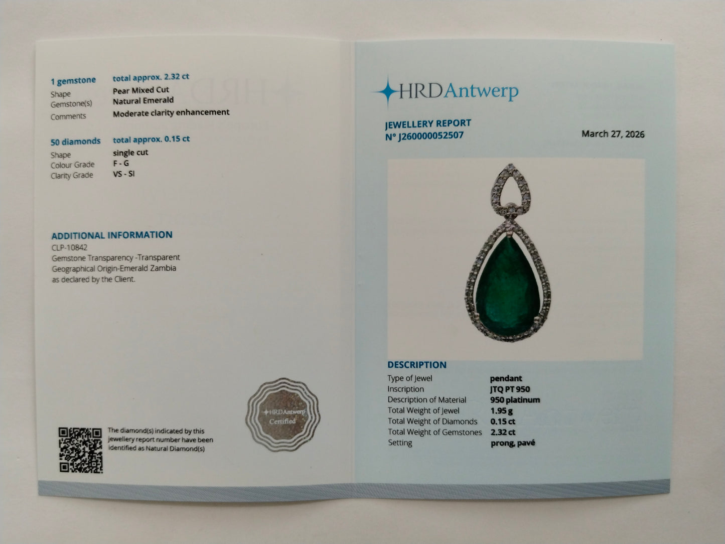 2.47 Ct Pear Mixed Cut Natural Emerald 950 Platinum Pendant