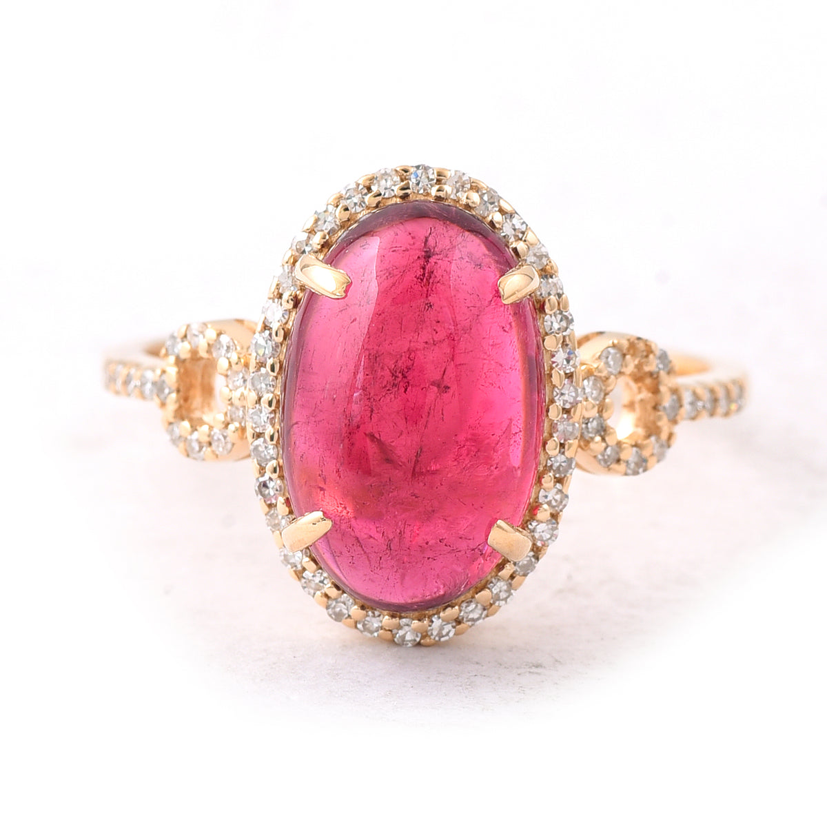 4.31 Ct Oval Cabochon Cut Natural Rubellite 14K Gold Ring