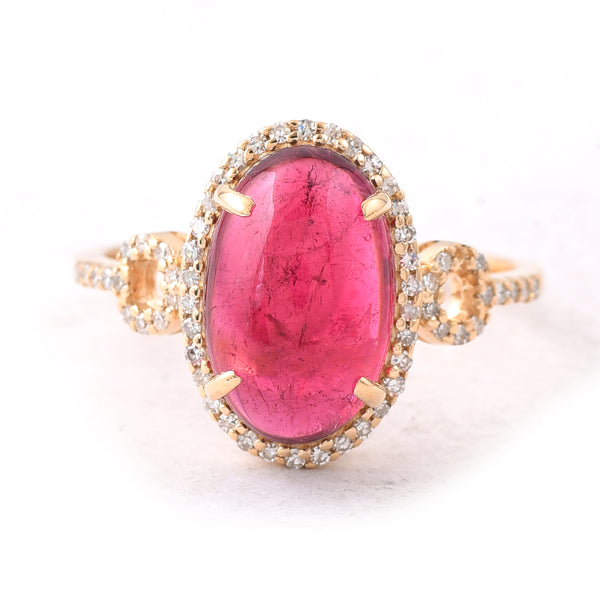 4.31 Ct Oval Cabochon Cut Natural Rubellite 14K Gold Ring