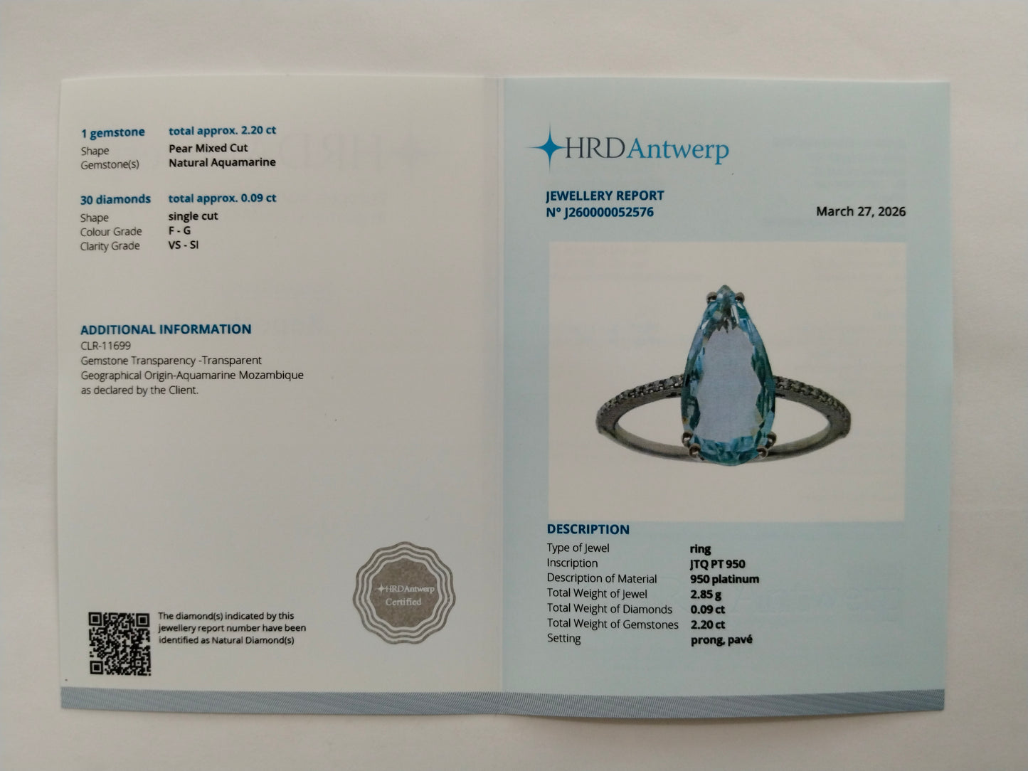 2.29 Ct Pear Mixed Cut Natural Aquamarine 950 Platinum Ring