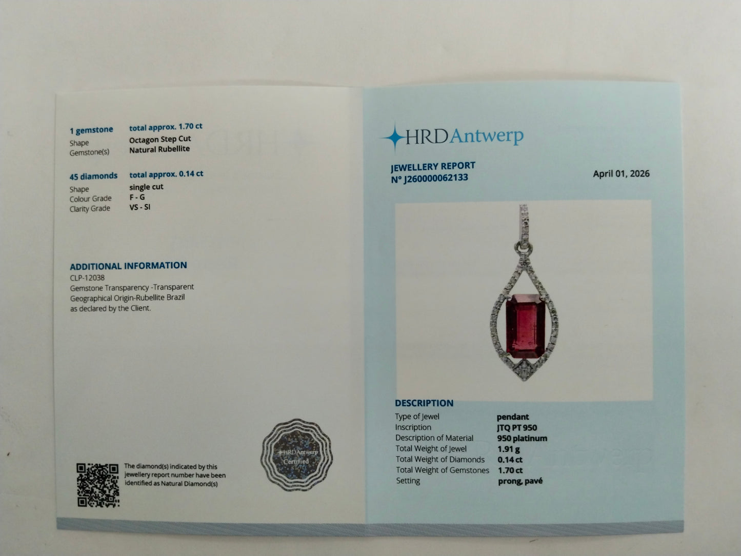 1.84 Ct Octagon Step Cut Natural Rubellite 950 Platinum Pendant