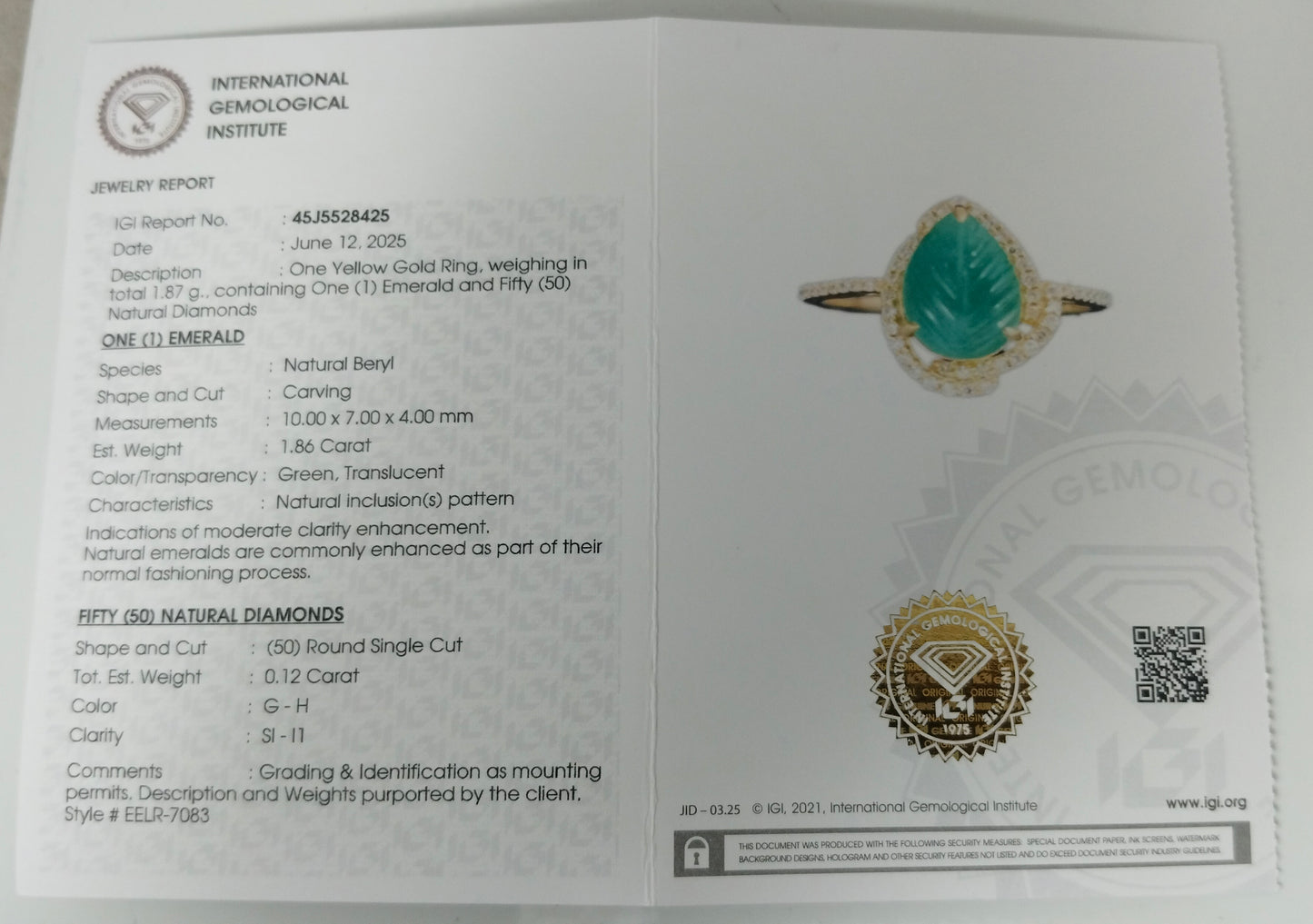 1.98 Ct Pear Carving Natural Beryl Emerald 14K Gold Ring