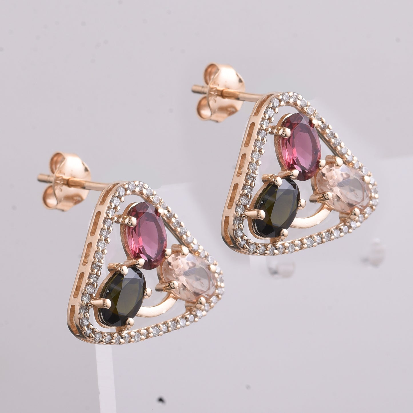 2.89 Ct Oval Mixed Cut Natural Multi-Coloured Tourmaline 14K Gold Earrings