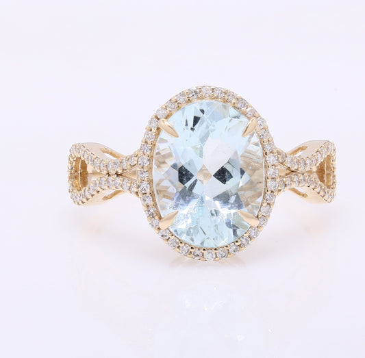 3.40 Ct Oval Mixed Cut Natural Aquamarine 14K Gold Ring