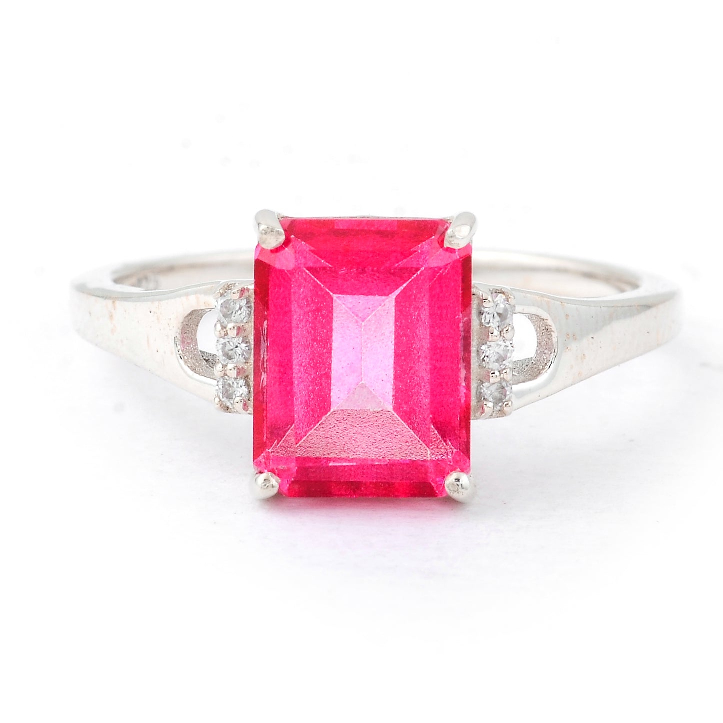 3.19 Ct Octagon Pink Topaz, White Zircon, 925 Sterling Silver Ring