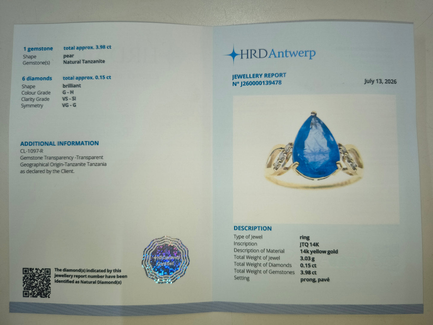 4.13 Ct Pear Natural Tanzanite 14K Gold Ring